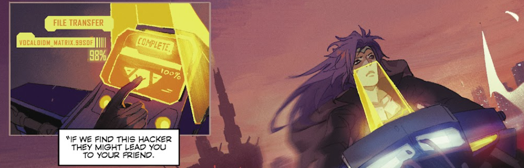 A mysterious long-purple-haired man riding a motorcycle in an urban landscape, while navigating a file system for file transfers.