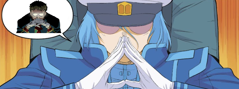 Max sitting in a captain's chair, complete with captain's hat, his speech bubble replaced with Gendo from Neon Genesis Evangelion making a very similar pose with shiny scary glasses...