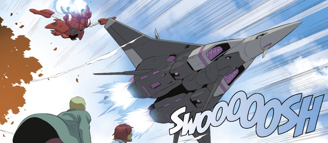 A Veritech Fighter flying low, over some student's heads.