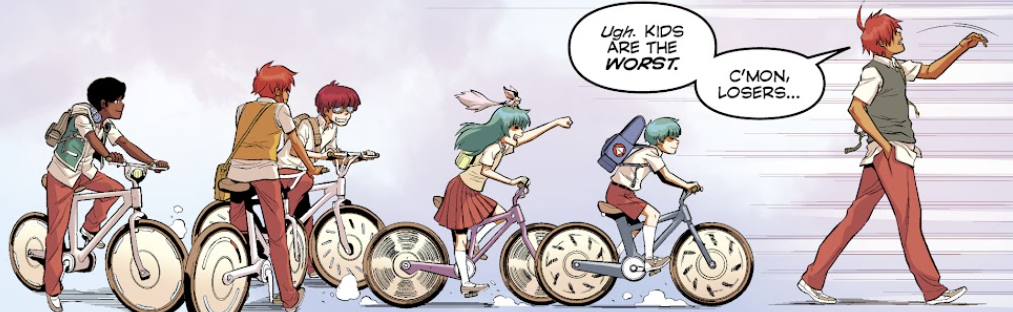 From left to right: Bowie Grant, Cameron Baker, Louie Nichols, Aurora and Nova Sterling, a critter on Aurora's head, and Jack Baker leading the pack to his place: "Ugh. Kids are the worst. C'mon, losers." He's on foot; the rest of them are on their bikes.