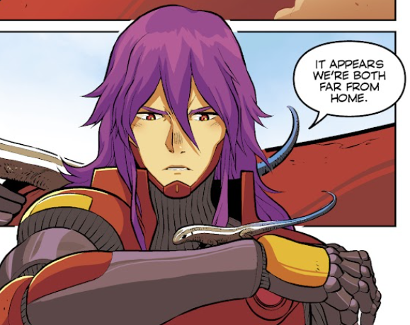 Linux Motorcycle Guy, a man with long purple hair, holding his forearm up as a skink lizard walks upon it. He muses to himself: "It appears we're both far from home."
