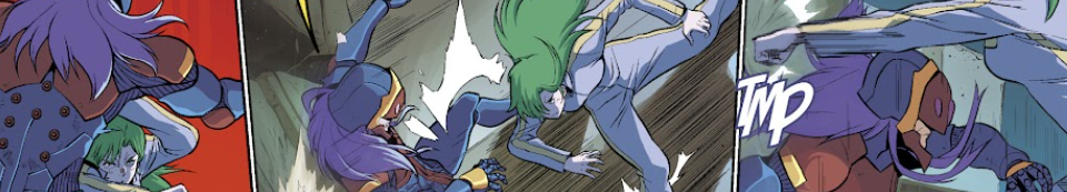 Three panels of Miriya and Linux Motorcycle Guy fighting. It's evenly matched, until it isn't.