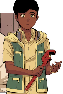 Bowie holding the wrench after he whacks not!Rick; he is shocked.