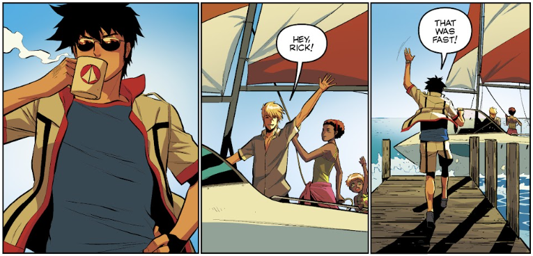 Rick Hunter with a cup of coffee, waiting for Roy, Claudia, and their child as the pull up on their sailboat.