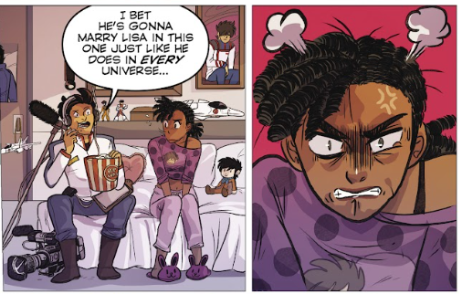 The cameraman sitting next to her on the bed as he eats popcorn: "I bet [Rick's] gonna marry Lisa in this one just like he does in every universe..." And this pisses her off.