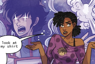 Aahna shrugging; I've modified her speech bubble to say "look at my shirt;" chibi Rick is on it.