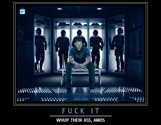 Another 90s motivational poster, with Amos sitting on a bench and glaring at the viewer. "Fuck it, whup their ass, Amos" is this one's slogan.