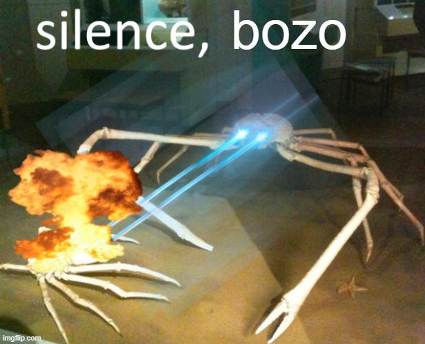 The original "SILENCE, BRAND" meme, but modified. Two spider crabs in a living room. The bigger one is zapping the smaller with its laser eyes, declaring SILENCE, BOZO
