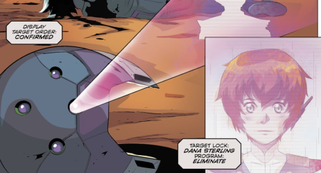 A damaged helmet of the gray veritech pilot, conveniently announcing the goal of the new pilot: to eliminate Dana Sterling!