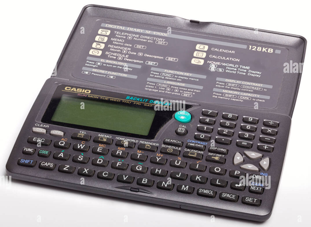A boring-looking electronic organizer with black body, black buttons, and with only gray as an accent color. 