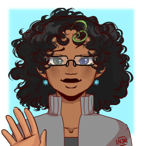 A light-skinned Black person with curly hair (with a lock of Zentraedi green from Miriya's side). They also have heterochromia: one green eye, one blue.