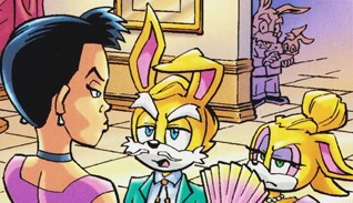 Bunnie's heteronormative, southern-coded and snobbish parents sternly and disapprovingly exchanging not-pleasantries with an Overlander (human) who clearly doesn't give a shit about their shit.