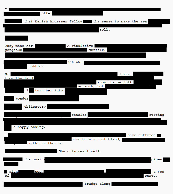 My short story "Yung Seabitch" converted to blackout poetry: large blocks of black obscure most of it until select words are shown.