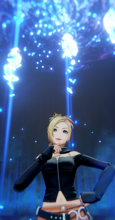 Rikku in her modernized outfit, standing with a hand on chin as if in thought.
