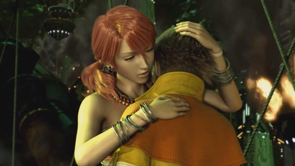 Vanille giving Hope a hug before handing him a gun and running off.