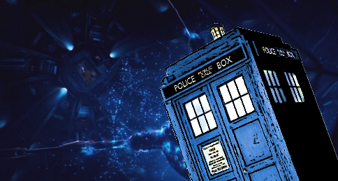The iconic scene of Julie Mao opening the door to the bridge-- but instead of the bright blue protomolecule mass, there's the TARDIS from Doctor Who.