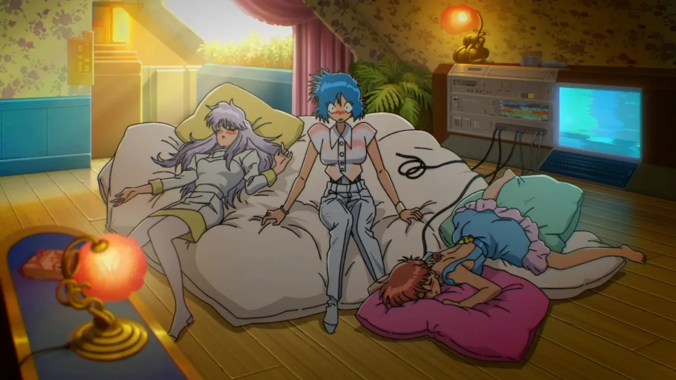 Motoko surrounded by her girlfriends, and embarrassed from being caught during a lesbian cyber threeway.
