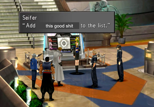 Characters in the Balamb Garden hallway: The Disciplinary Committee to the left (Seifer, Fujin, and Raijin) with everyone else on the right. Seifer is mid-gesture declaring "Add this good shit to the list."