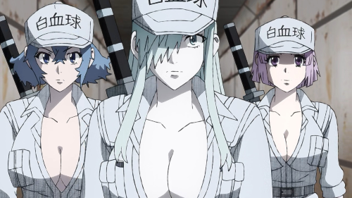 The main three White Blood Cell characters, with as much cleavage as possible despite the tactical sense of the rest of their uniform.