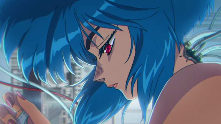 Motoko with charge ports in her neck.
