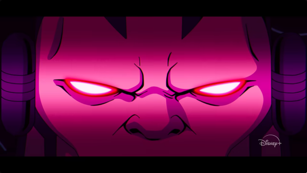 A close-up at Apocalypse's face, focusing on his glowing red eyes and scowl.