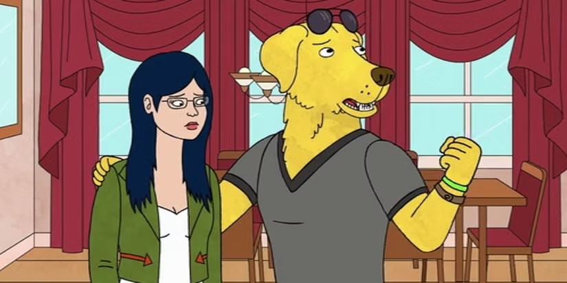 Mr. Peanutbutter and Diane, from Bojack Horseman. The former is mid-speech.