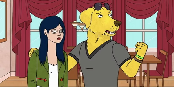 Mr. Peanutbutter and Diane, from Bojack Horseman. The former is mid-speech.
