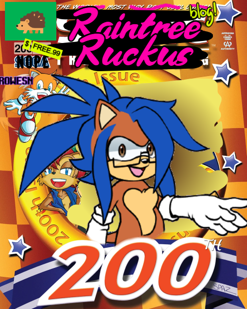 Archie Sonic's 200th issue cover... but different. Sonic has been replaced by my original character: brown hedgehog with white hair and glasses.
