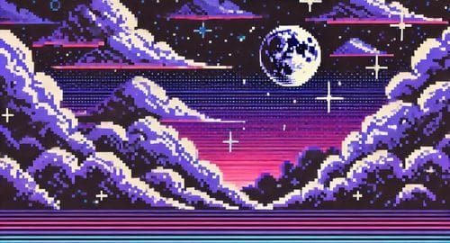 A retro pixelated scene of a cloudy night sky with a full moon. The palette is also of dark pinks and purples.