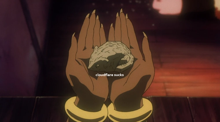 Two hands, palms up and holding a rough hedgehog figurine, carved in wood. Below the hedgie reads a caption: Cloudflare sucks.