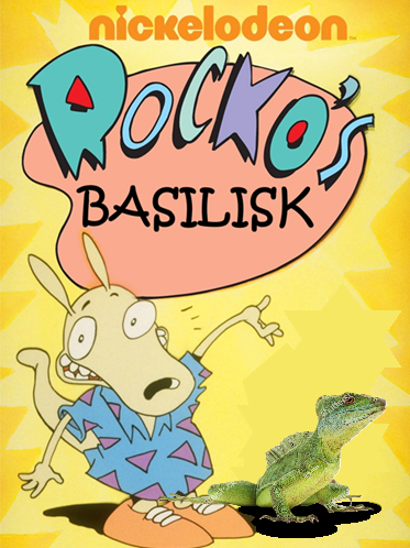 Rocko introducing his logo from the Nickelodeon show "Rocko's Modern Life." The logo has been edited to say "Rocko's Basilisk," and his dog companion replaced with a photo cutout of a lizard.