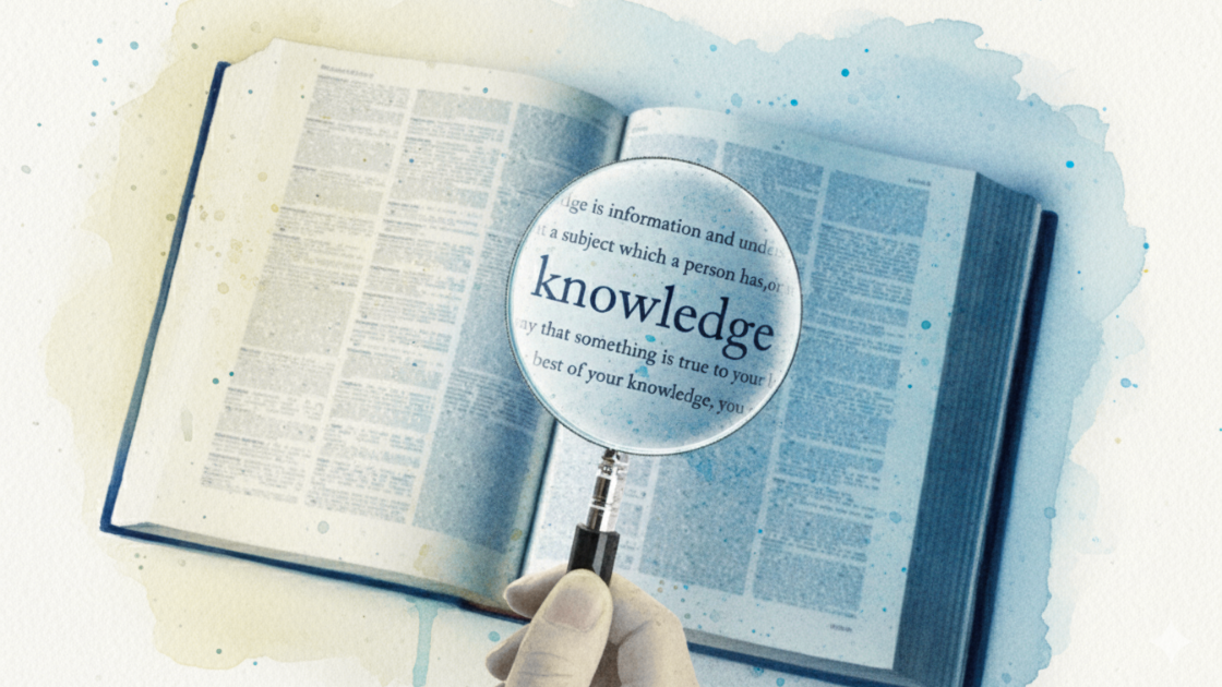 Watercolour image image of an open book with a magnifying glass focused on the word "Knowledge"