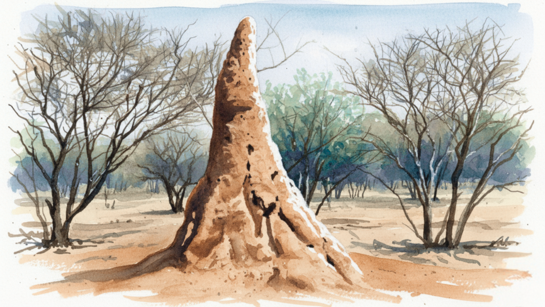 Watercolour image of a tall termite structure in a woodland clearing