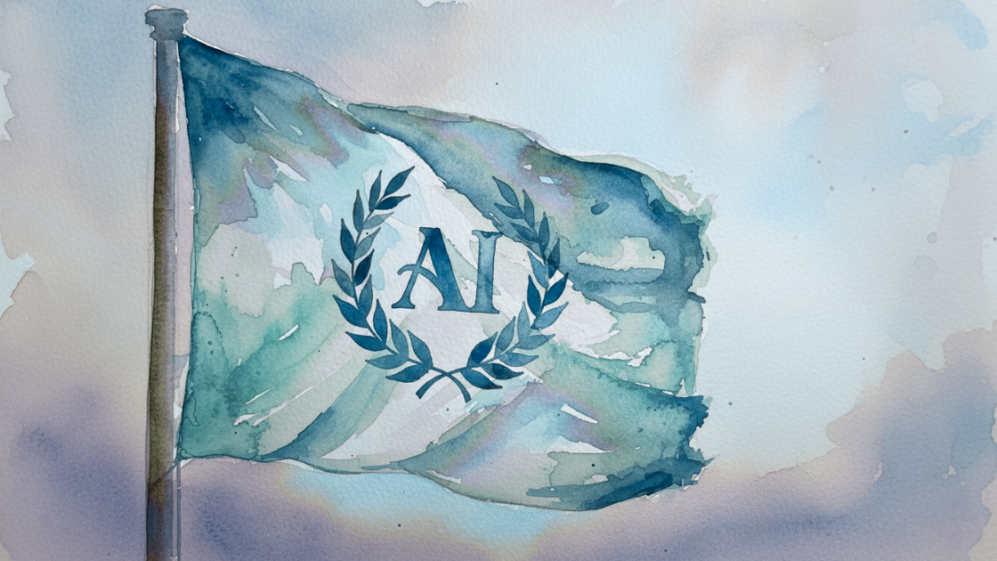 Watercolour image of a flag waving in the wind, with the word "AI" in the centre of the flag.