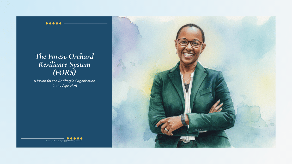 Image of the cover of the FORS executive briefing next to Changentum Founder, Dawn Springett