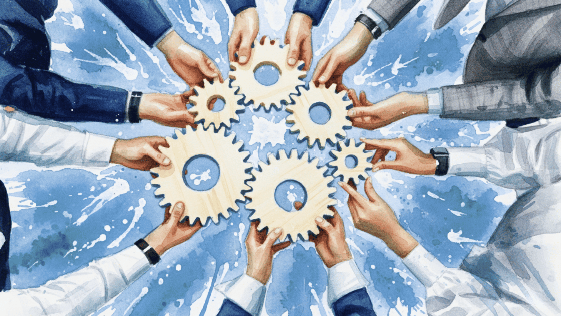 Watercolour image of a bird's-eye view of a circle of hands holding cogwheels together