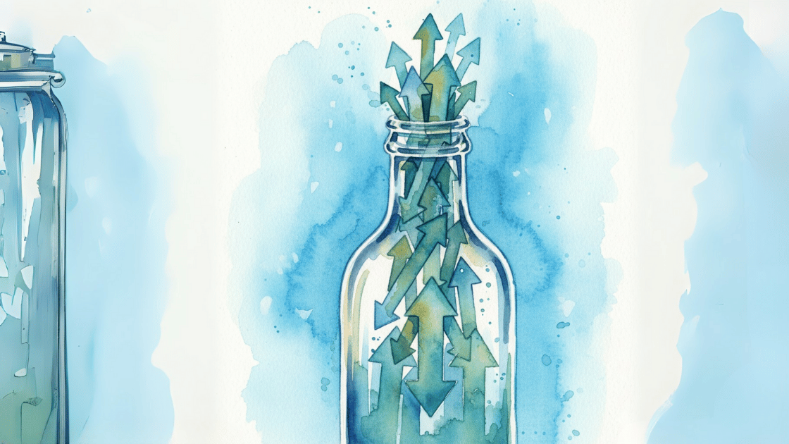 Watercolour image of a bottle full of arrows in a bottle getting stuck in the bottleneck.