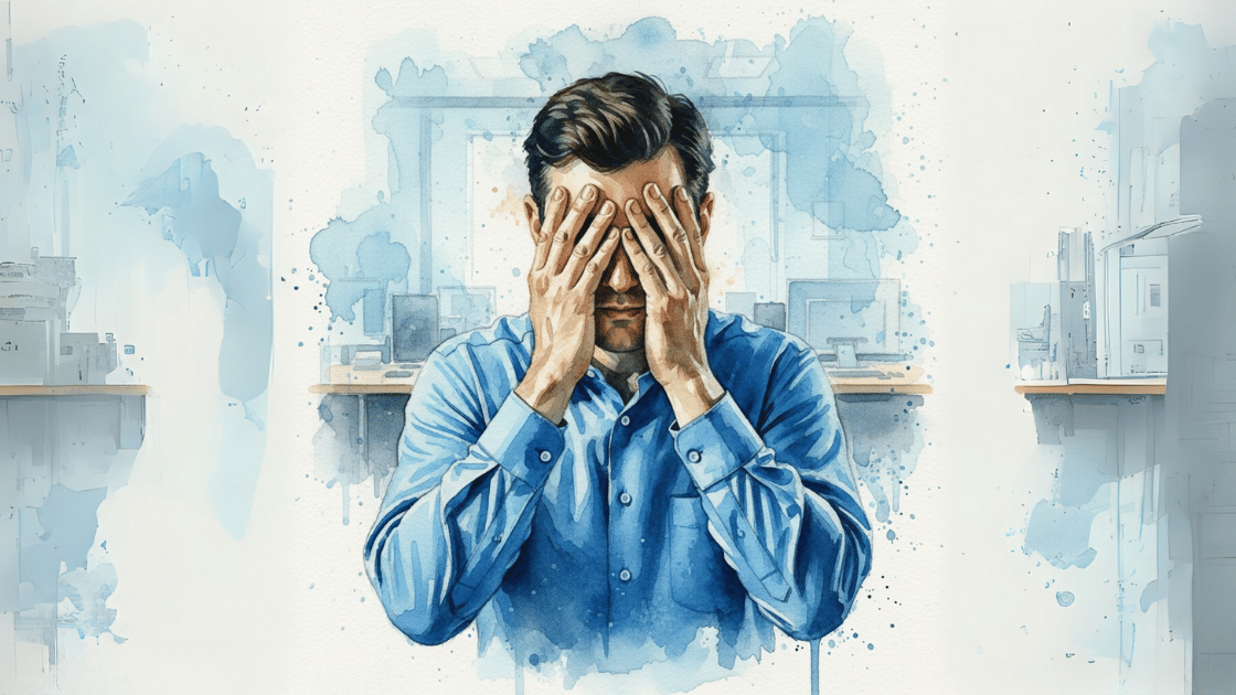 Watercolour rendered image of an office worker covering his eyes as he faces the viewer