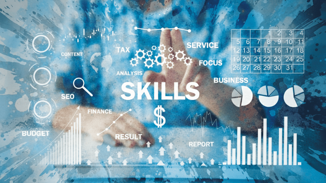 Watercolour collage of words, icons and charts in distributed across a large screen