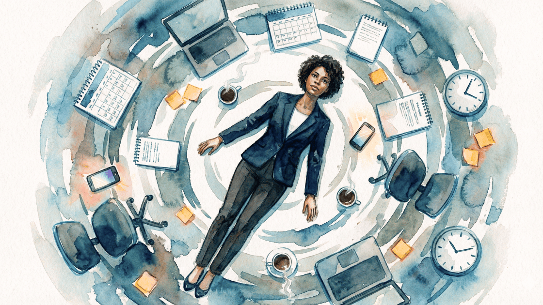 High-angle watercolour illustration of a woman in smart business attire standing calmly in the centre of a spiral vortex of office objects.