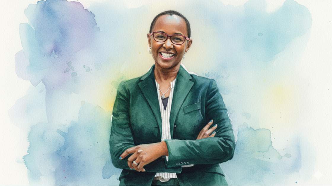 Watercolour, half-body image of the Changentum founder wearing a green blazer and a striped collarless shirt.