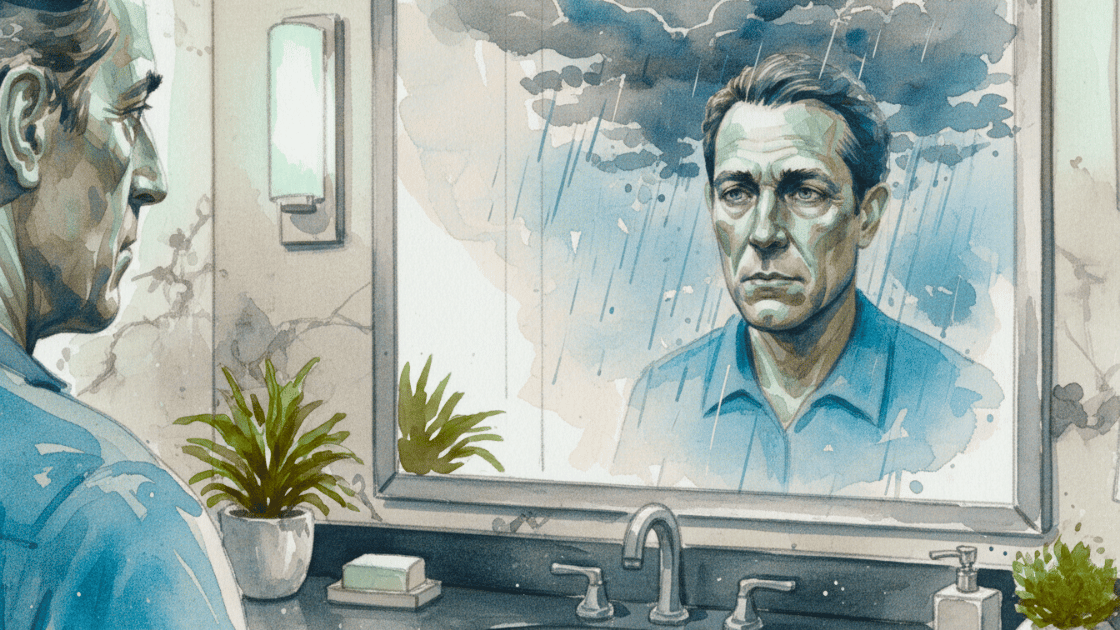 Middle-aged man looking at a reflection of himself in the mirror in which is head is surrounded by rain clouds