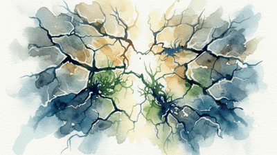 Abstract watercolour image of cracks in the ground from which light is emerging