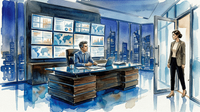 A man sitting at a desk in a large office with a wall of screens behind him and a woman walking in.
