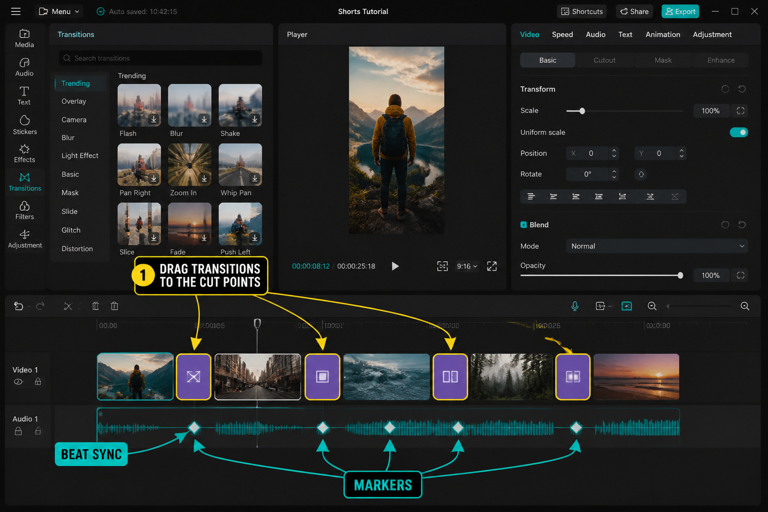 CapCut Guide visual: transitions aligned to beat markers on audio waveform