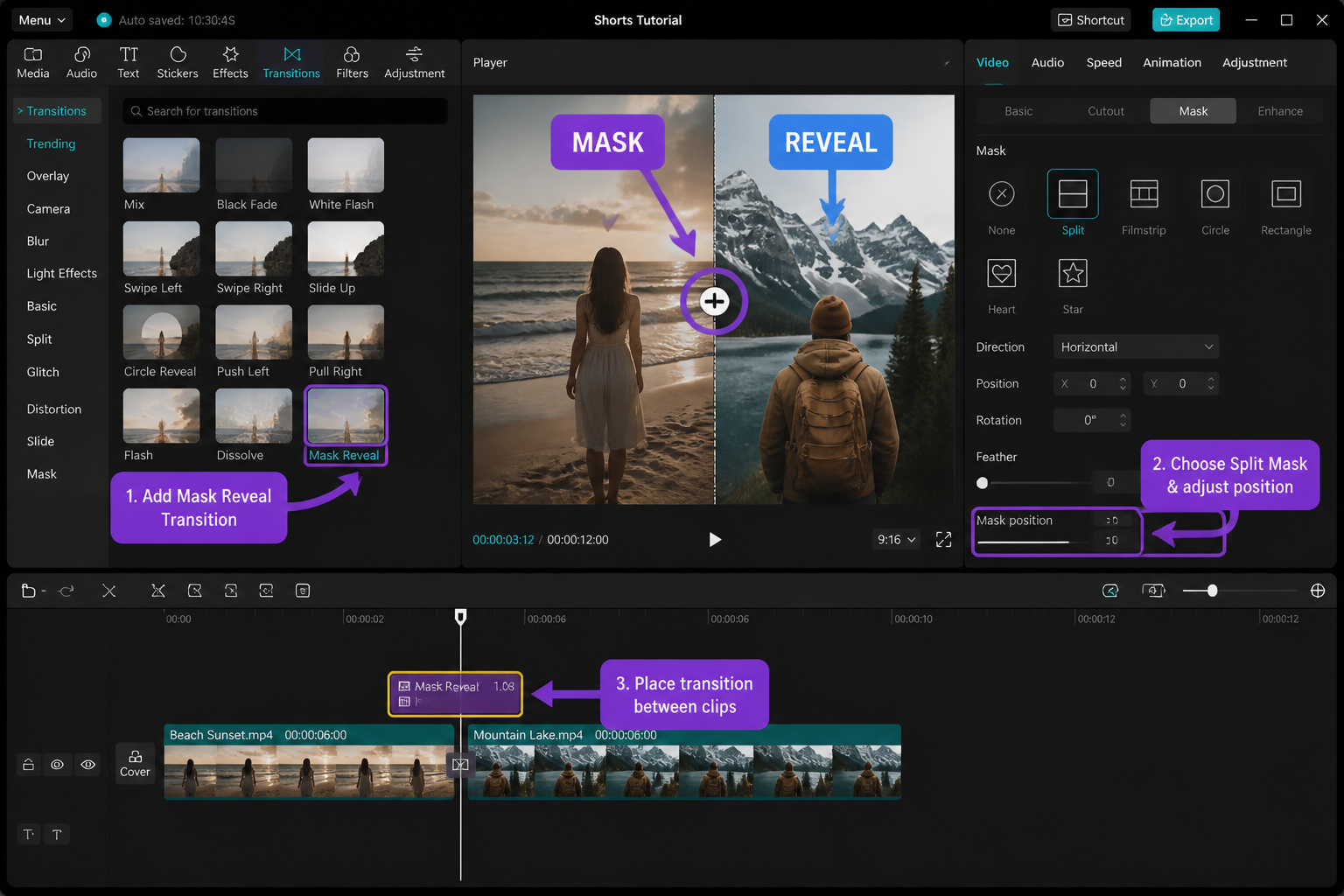CapCut Guide visual: mask reveal setup with split-screen preview and mask handle highlighted