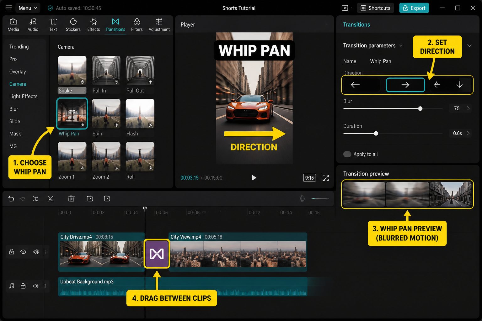 CapCut Guide visual: whip pan transition with direction arrows and blurred frame strip