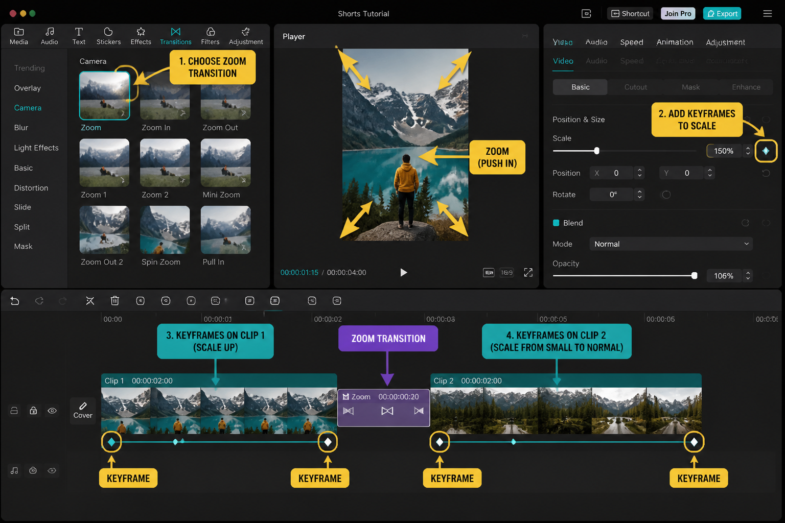 CapCut Guide visual: zoom transition setup with keyframes on two clips and arrows indicating push-in