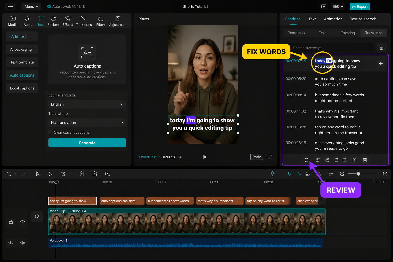 CapCut Guide visual: transcript correction view with one word highlighted and cursor editing