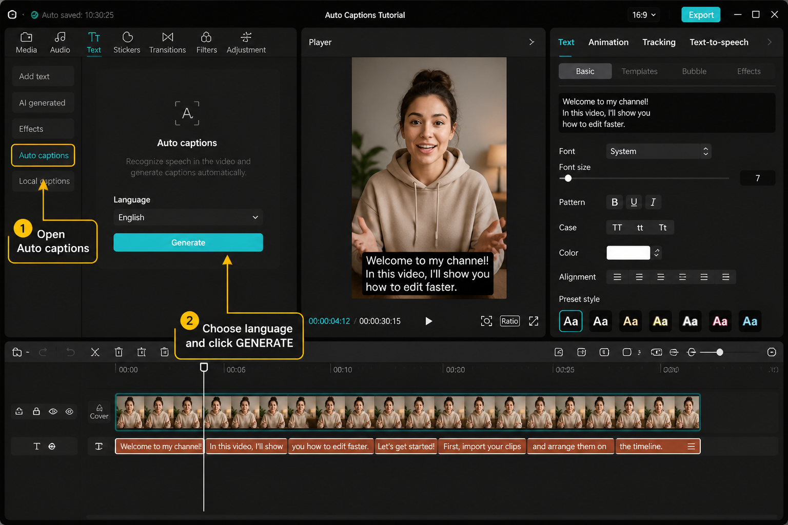 CapCut Guide visual: captions generation dialog with language selector and start button